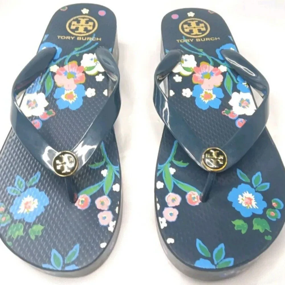 Tory Burch Floral Wedge Sandals Women's Size 8.5 Flip Flops Multicolor